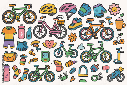 Colorful doodle illustration of bicycle gear and accessories