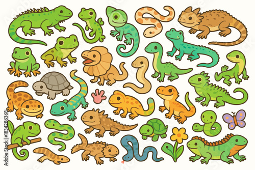 Colorful collection of cute cartoon reptiles and amphibians