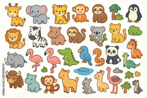 Cute cartoon animals set: jungle, safari, and ocean creatures collection