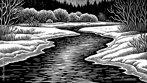 thin winter river flowing between snowy banks black and white sketch with softly frozen edges, creating a peaceful Christmas 2026 nature landscape