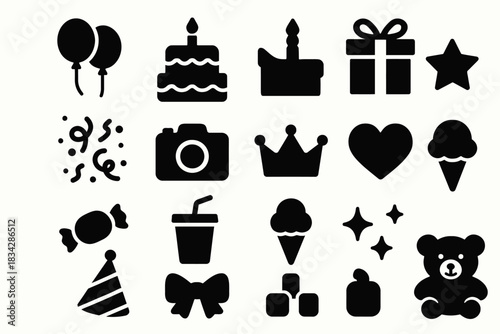 Set of celebration icons including cake, gifts, balloons, and crown
