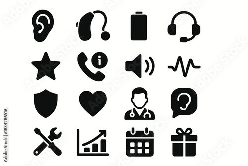 Communication and tools icons set: ear, headset, doctor, tools, gift