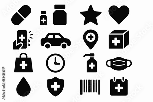 Healthcare icons: medicine, heart, star, car, map, bag, clock, sanitizer, mask, drop, shield, barcode