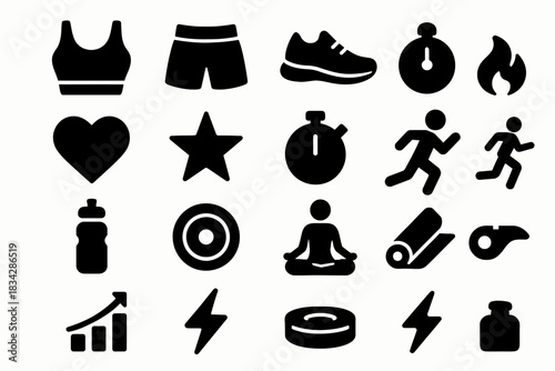 Fitness icons set: sports, exercise, yoga, running, and wellness symbols