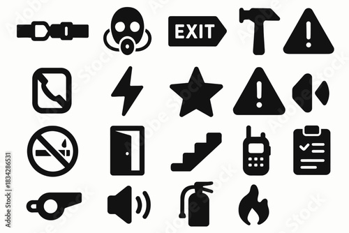 Collection of safety icons: seatbelt, gas mask, exit, hammer, warnings, fire extinguisher