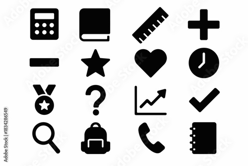 Set of education and office icons: calculator, book, ruler, star, heart, medal, graph, clock