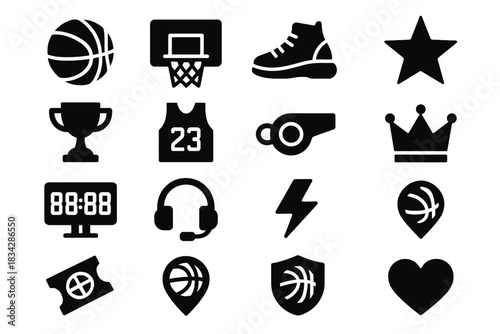 Basketball icon set: sports equipment, apparel, trophies, symbols