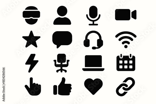 Mixed technology icons: vr, social, audio, video, communication, network