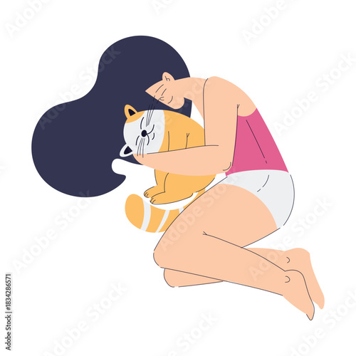 Woman Sleep Embrace Dog Pet Have Sweet Dreams Vector Illustration