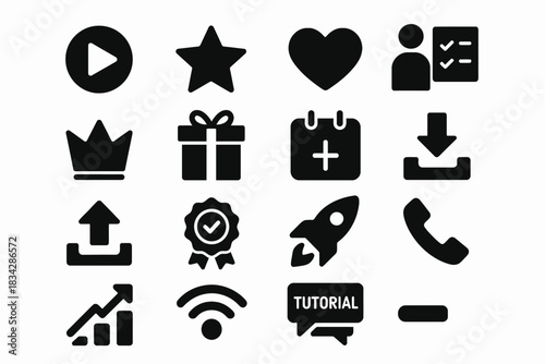 Set of 16 black icons including heart, star, rocket, and calendar designs