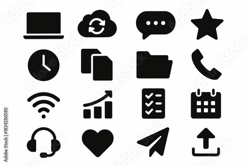 Set of 16 black business and communication icons for digital interfaces