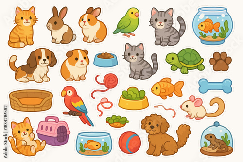 Adorable cartoon pets and accessories: cats, dogs, birds, fish, and toys in a fun collection