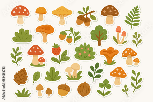 Colorful cartoon mushrooms and nature elements on white background