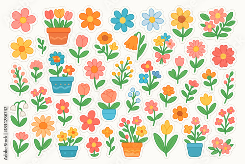 Colorful flower stickers collection with various blossoms and potted plants