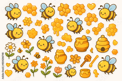 Cute cartoon bees with honeycombs, flowers, and honey jars