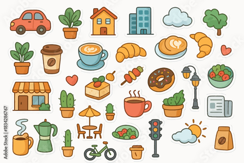 Colorful assorted stickers of cafe items, plants, and vehicles with a whimsical style
