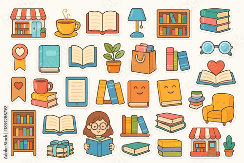 Cartoon book and reading icons with girl and cozy objects