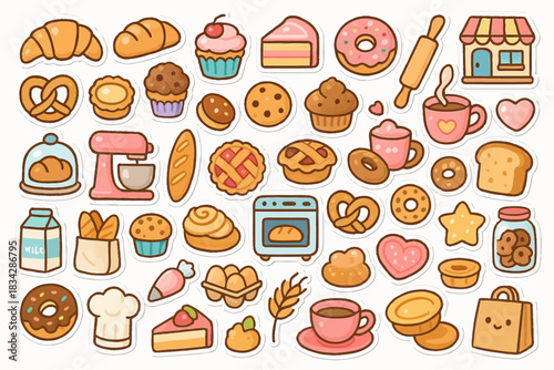 Cute bakery icons set featuring pastries, coffee, and baking tools
