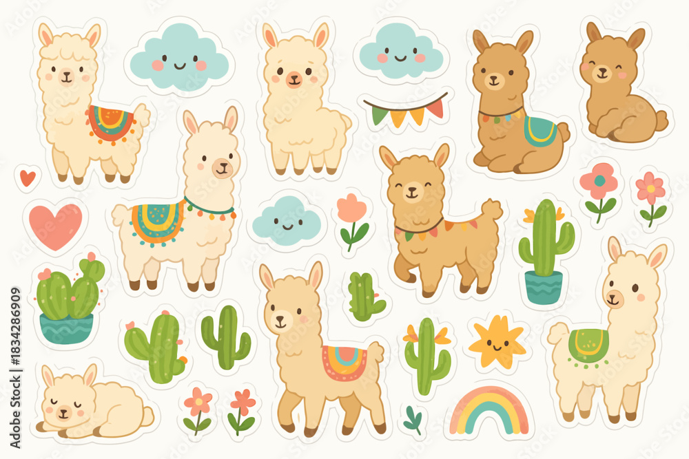 Fototapeta premium Cute llama stickers with cacti, clouds, and rainbows in pastel colors