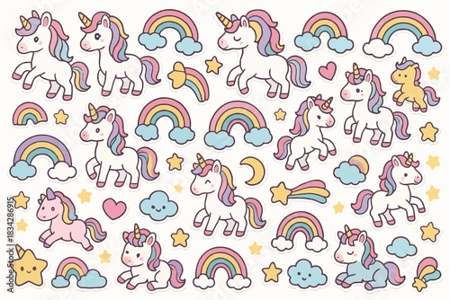 Colorful unicorns and rainbows pattern with clouds and stars