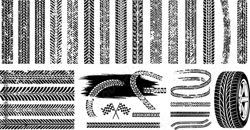 Tire tracks after skidding, launch, drift, powerslide in motorsport, rally, off-road, motocross. Wheel texture with splash effect. Vector, transparent background EPS version.