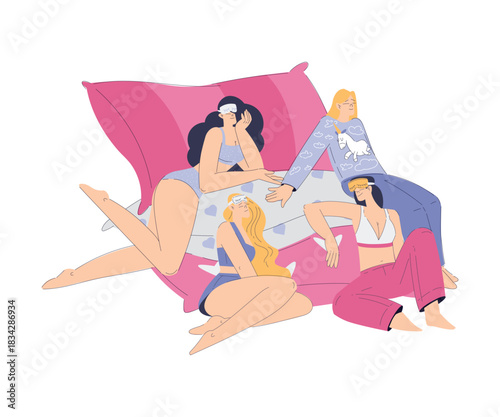 Group of Woman in Pajamas Have Party Enjoy Sleepover Vector Illustration