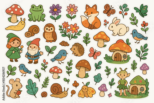 Whimsical forest creatures and elements: gnomes, animals, and magical fungi