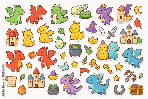 Colorful cute cartoon dragons and magical elements stickers