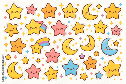 Cartoon stars and moons with smiling faces and colorful accents