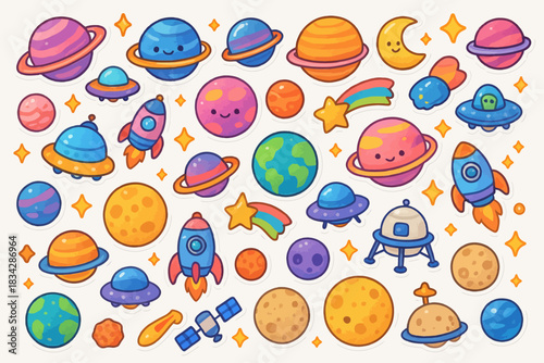 Colorful cartoon planets, rockets, and space elements with cute faces