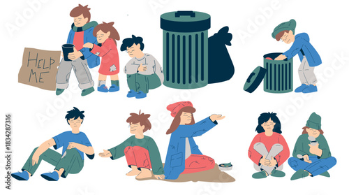 Homeless Kids in the Street Begging for Money Vector Set