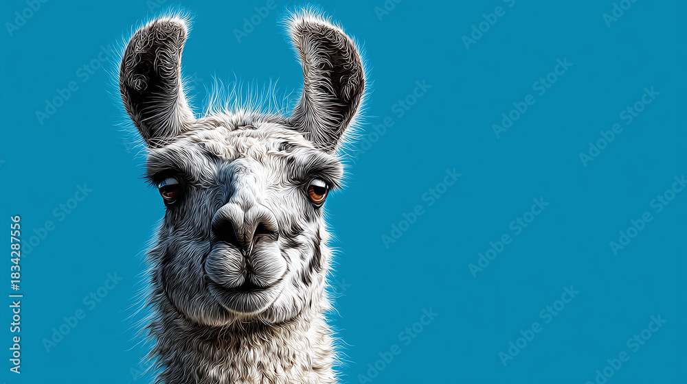 Naklejka premium A close-up portrait of a llama with an expressive face and a vibrant blue background