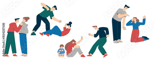 Domestic Abuse and Violence with Man Character Hitting Woman Vector Set