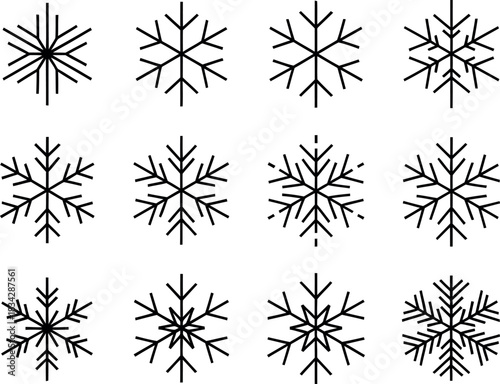 Christmas and winter snowflake icons collection vector illustration design elements black outline line drawing minimal simple cute frosty weather graphic elements.