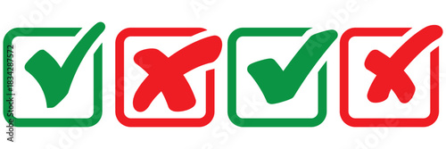Check mark icon button set. Check box icon with right and wrong buttons and yes or no checkmark icons in green tick box and red cross. Isolated checkmark symbol, right and wrong sign concept. Icon.