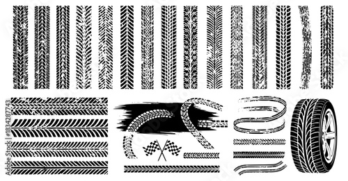 Tire tracks after skidding, launch, drift, powerslide in motorsport, rally, off-road, motocross. Wheel texture with splash effect. Vector, transparent background SVG version.