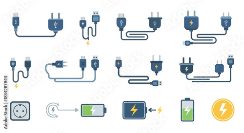 Assortment of Blue and Black Electrical Plugs and Charging Cables in Various Configurations.
