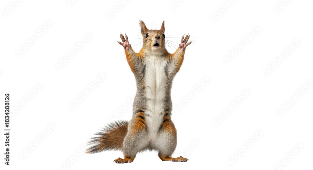 Obraz premium Surprised squirrel with paws up isolated PNG with Transparent Background