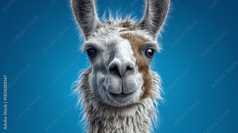 Naklejka premium A close-up portrait of a llama with a charming expression, set against a blue backdrop. The llama is the focal point, its unique markings and engaging eyes drawing the viewer in
