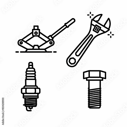 Automotive Repair Tools and Parts Line Art Icons Set, Featuring Jack, Wrench, Spark Plug, and Bolt.