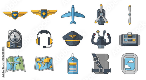 Aviation Icons Set - Pilot Wings, Airplane, Cockpit, Propeller, Instruments, Headset, Cap, Yoke, Map, Tag, Window.