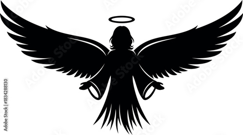 Black silhouette of a powerful winged angel with outstretched hands and a bright halo, symbolizing guidance and divine protection.