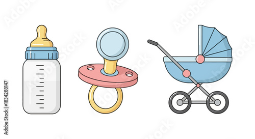 Baby Essentials - Bottle, Pacifier, and Stroller Illustration for Nursery Decor.