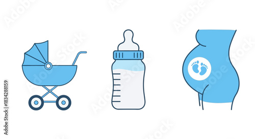 Baby Shower Icons - Stroller, Bottle, and Pregnant Belly Illustration.