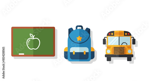 Back to School Essentials - Blackboard, Backpack, and School Bus Illustration.