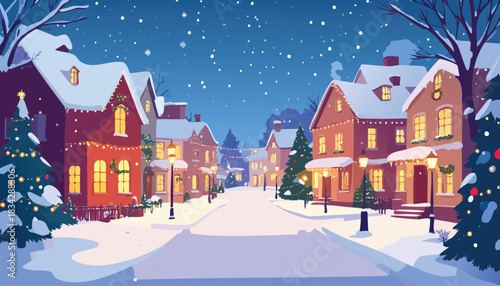 Cozy Christmas village street with warm lights and falling snow.
