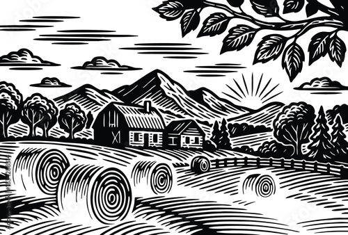 Hand drawn illustration of a farm scene with haystacks and mountains