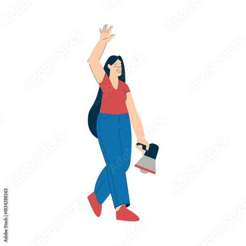 Woman Character Protesting in Street with Megaphone Participate in Riot Vector Illustration