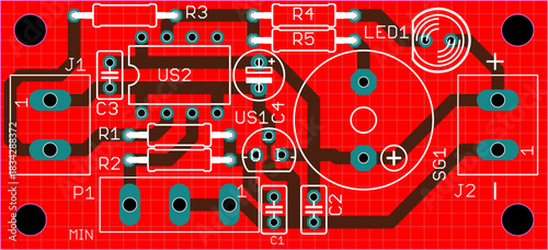 Vector printed circuit board of electronic 
device with components of radio elements, 
conductors and contact pads placed on pcb. 
Engineering technical drawing with grid.