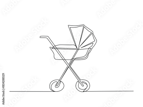 Single Continuous Line Drawing of a baby carriage or baby stroller.